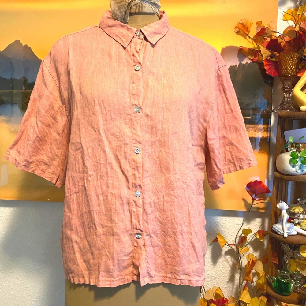 Nicole Miller Shirt Linen Coastal Grandma Short Sleeve Women XL Dusty Rose Pink